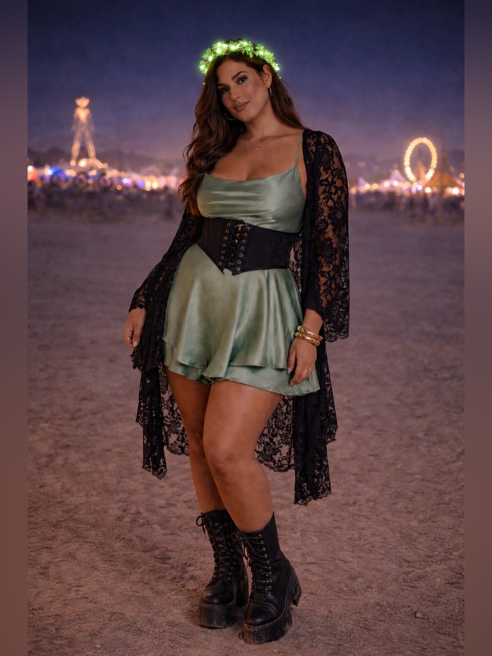 🔥5/$35🔥 Emerald Green Satin Lace Up Mini Dress Romper | Size M/L - Picture 5 of 13